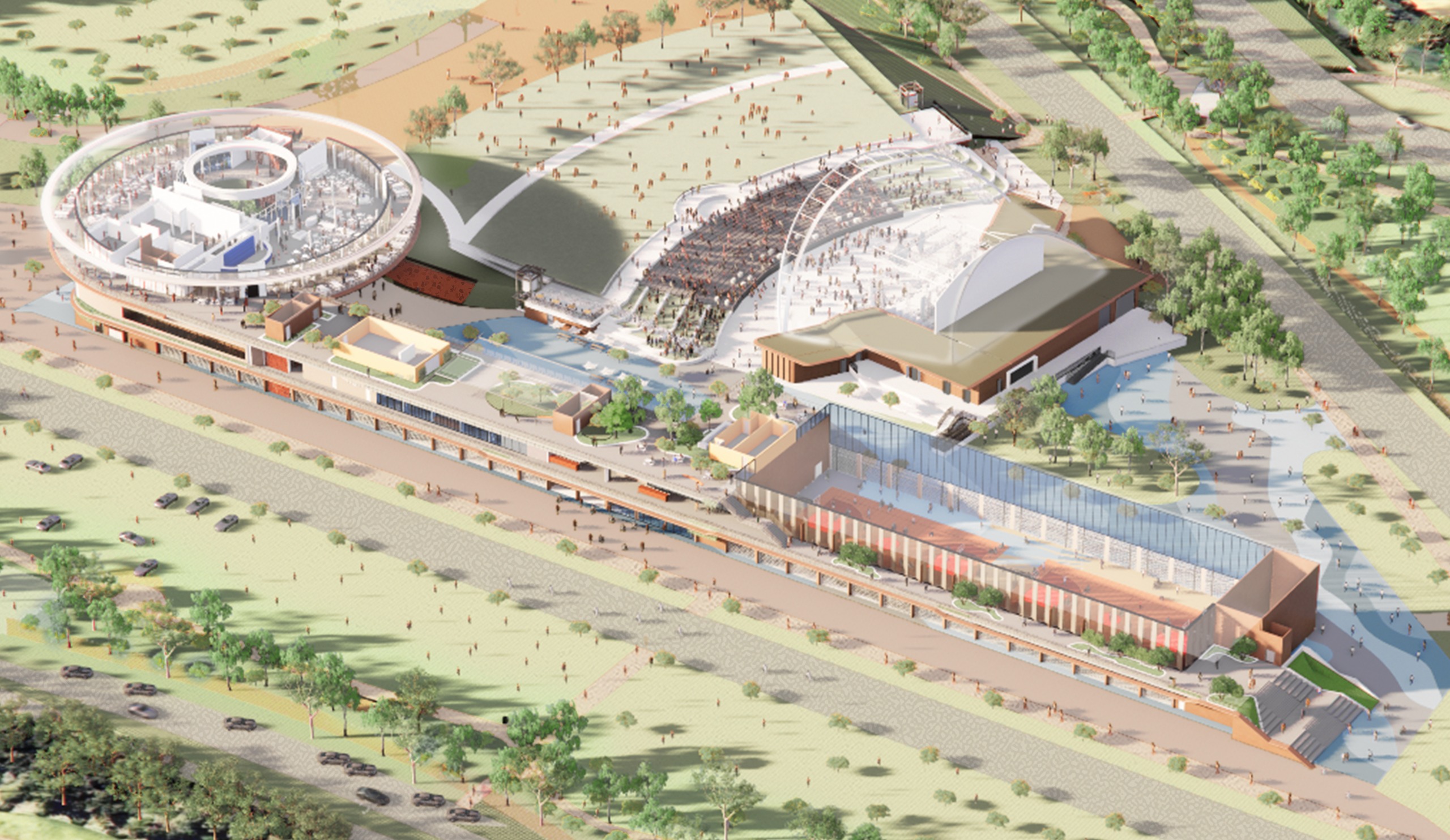 Multi-use building connection with the track and amphitheatre