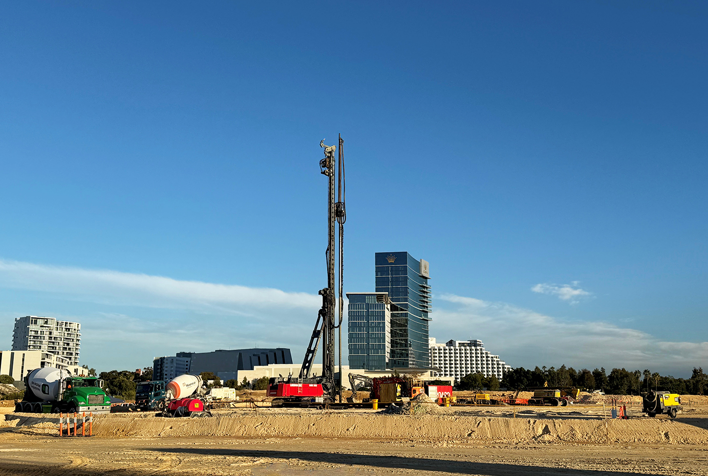 Installation of Controlled Modulus Columns (CMCs) using a drilling rig and concrete trucks.
