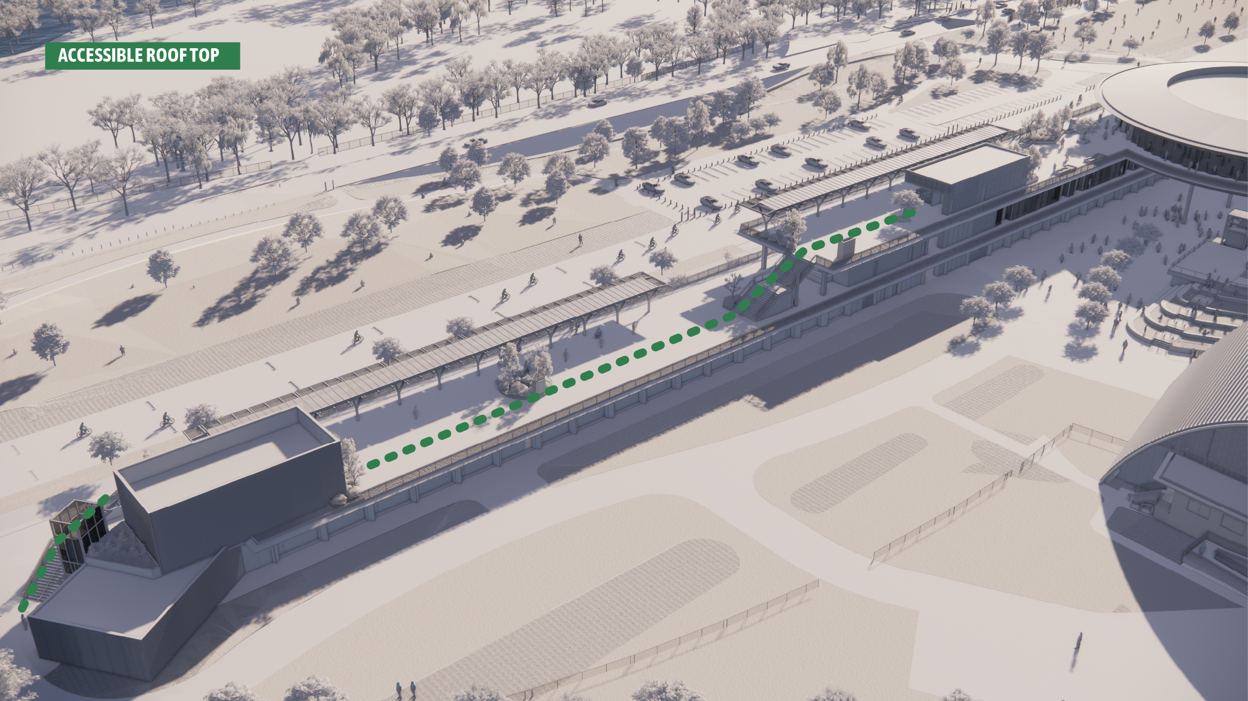 Multi-use building accessible roof top