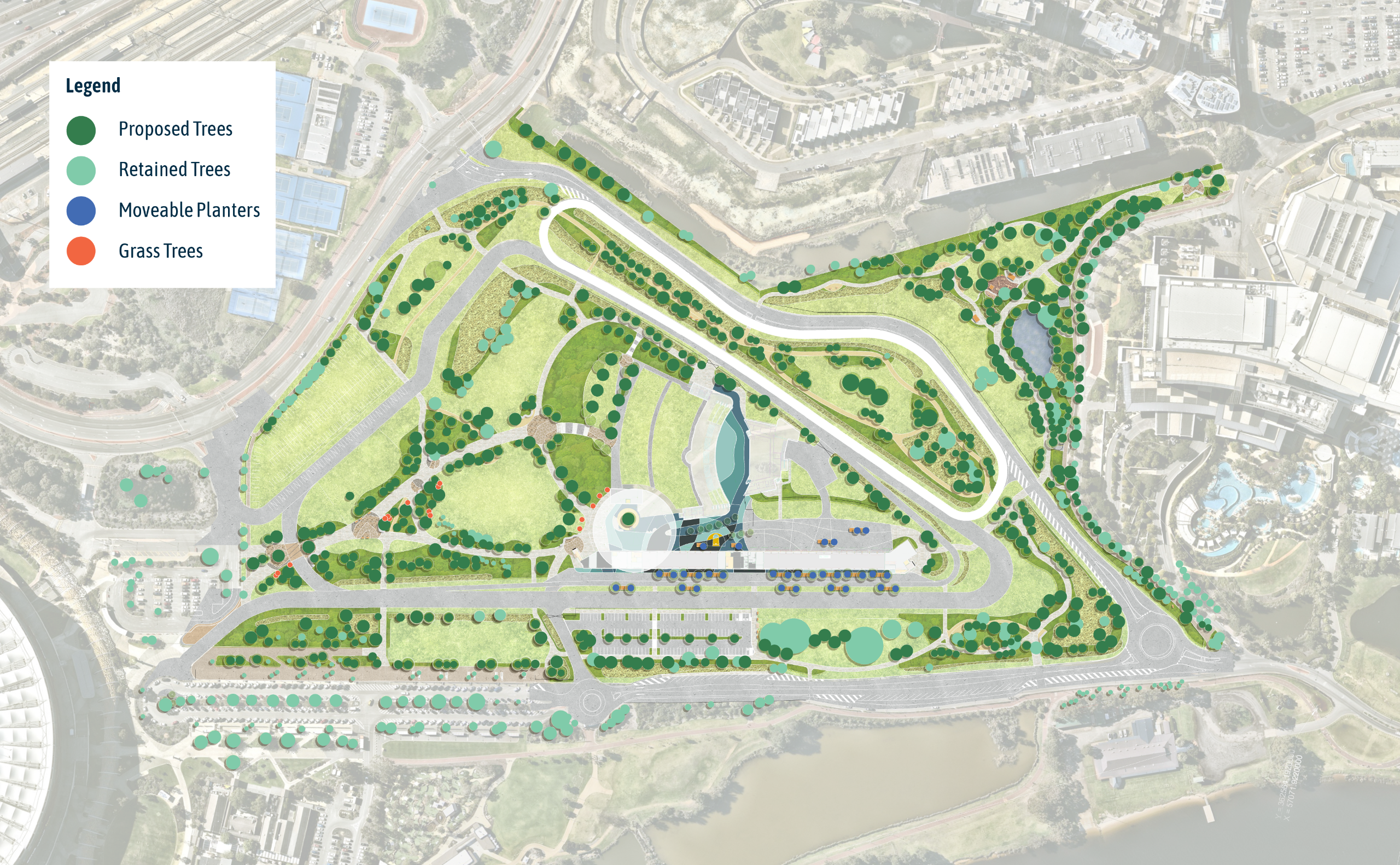 Retained and proposed trees: Retained and proposed trees in the precinct