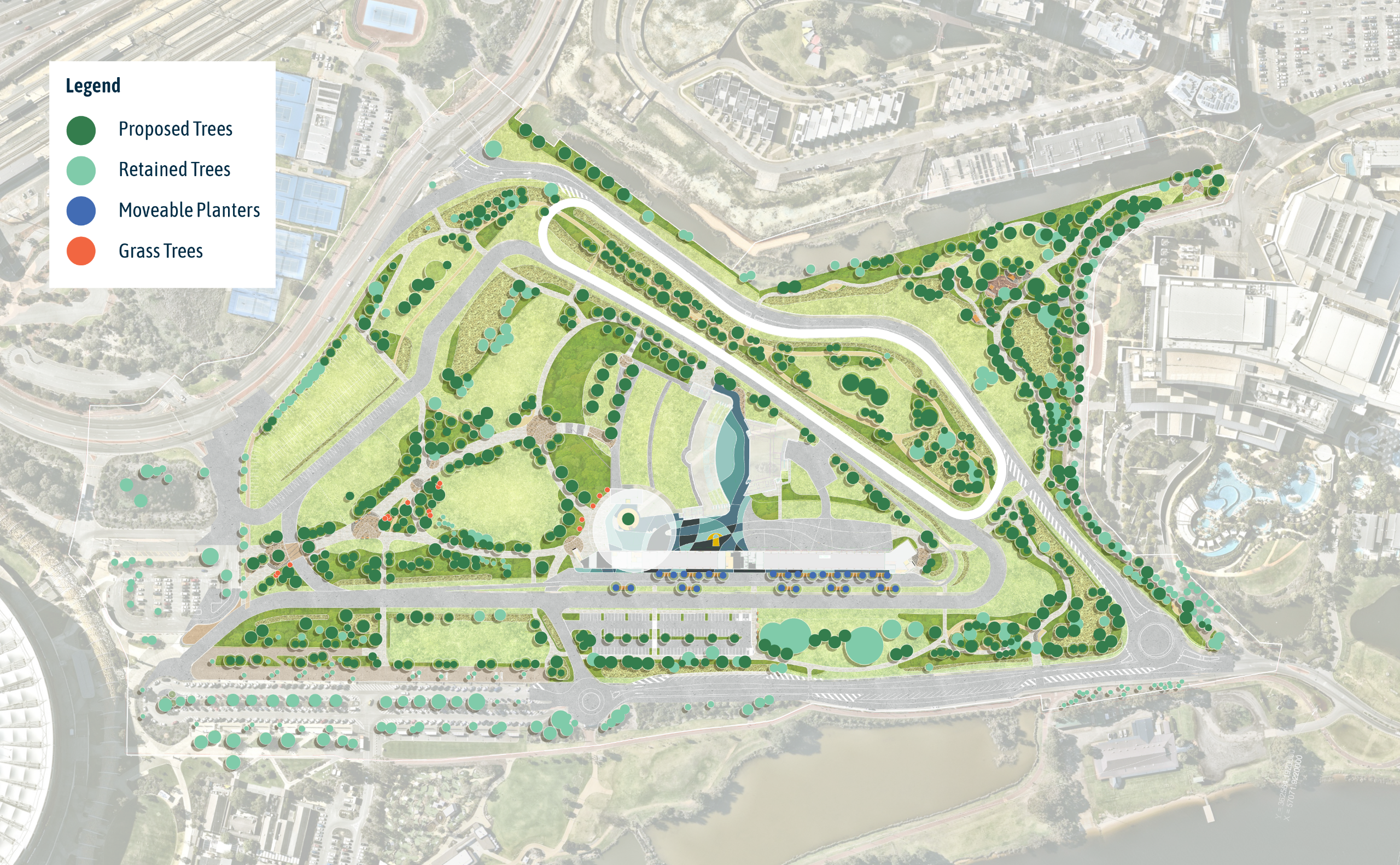 Retained and proposed trees: Retained and proposed trees in the precinct