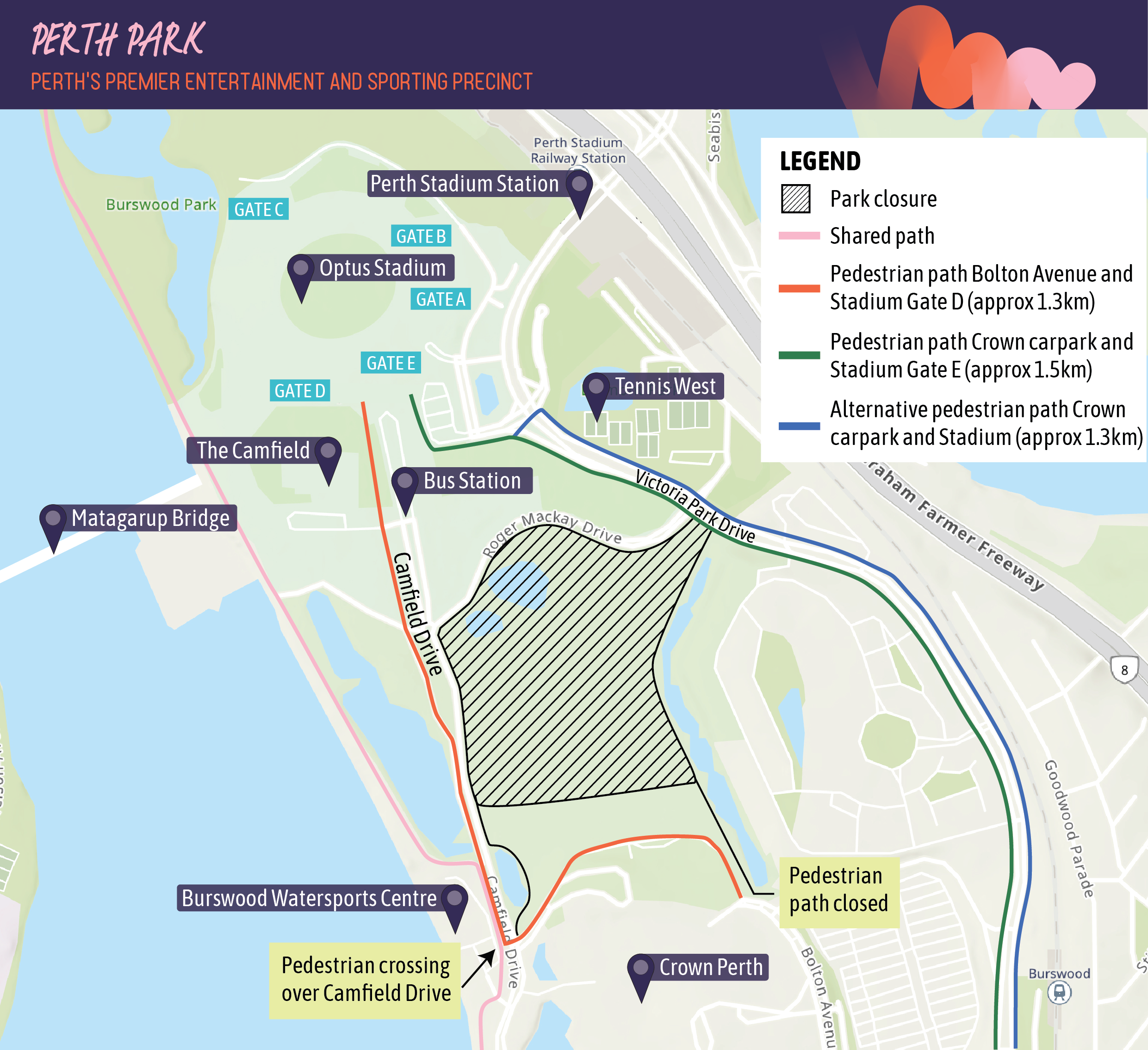 Map showing park closure and pedestrian paths