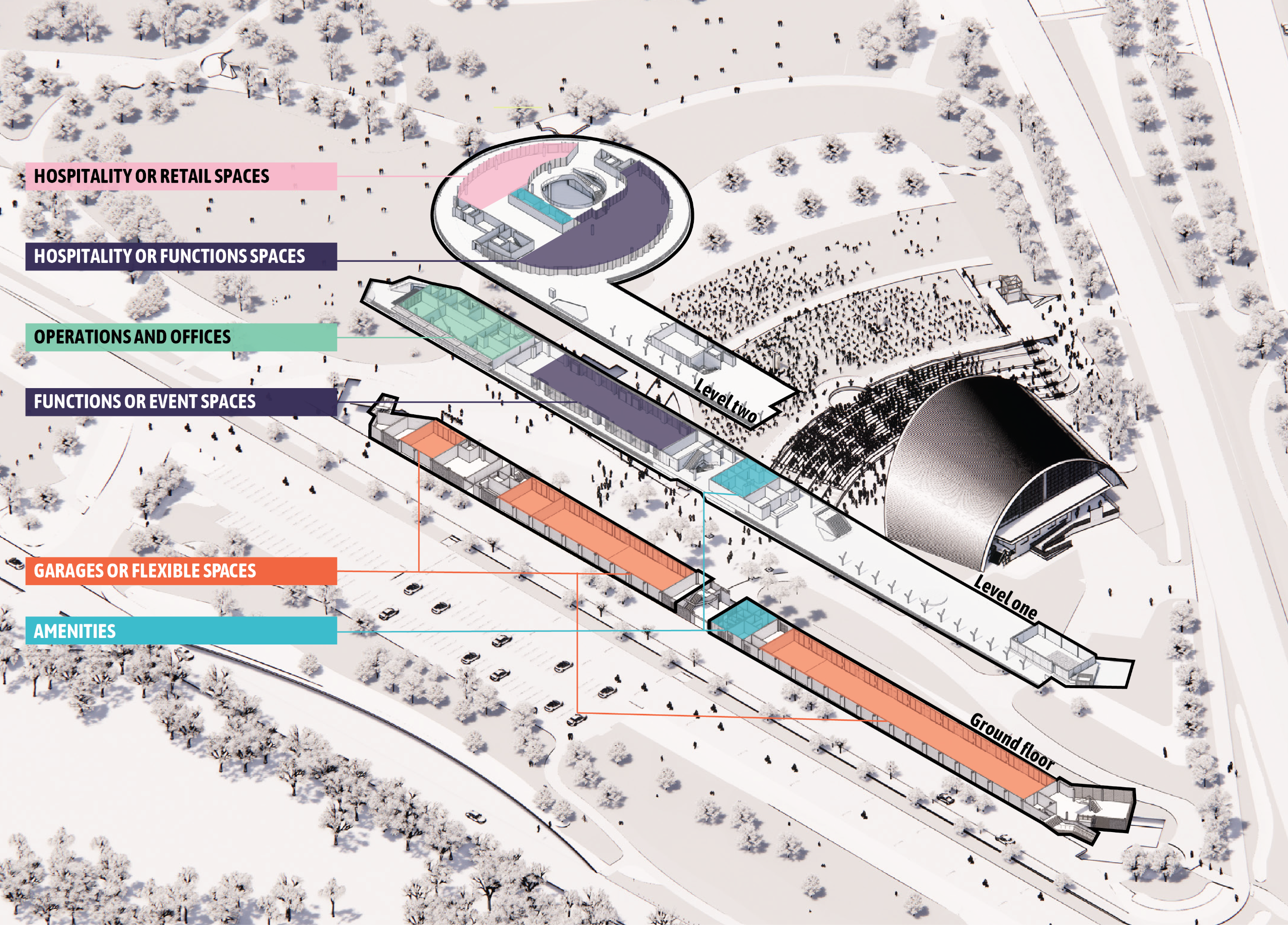 Different spaces in the multi-use building